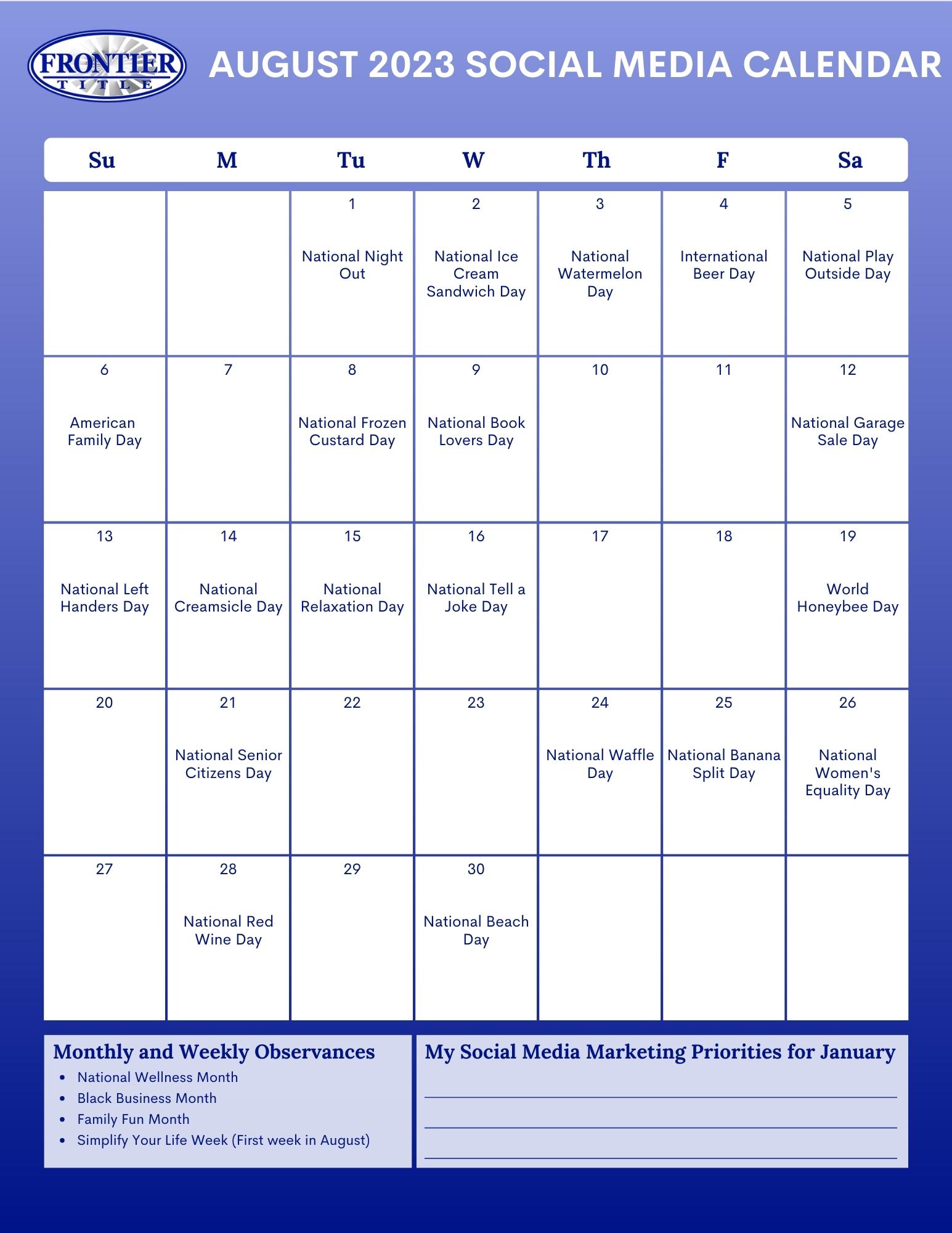 Frontier Library August 2023 Social Media Calendar